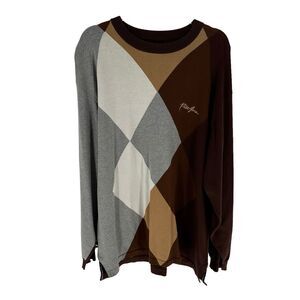Phat Farm Sweater Mens XL Brown Gray Argyle Diamond Oversized Cotton Y2K Vintage